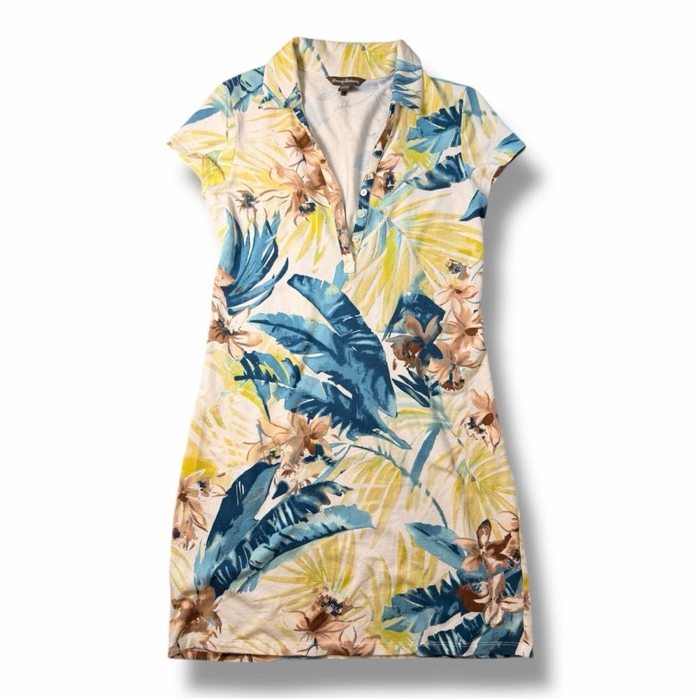 Tommy Bahama Exotic Floral Print 1/4 Button Cotton Blend Sheath Dress Size Small